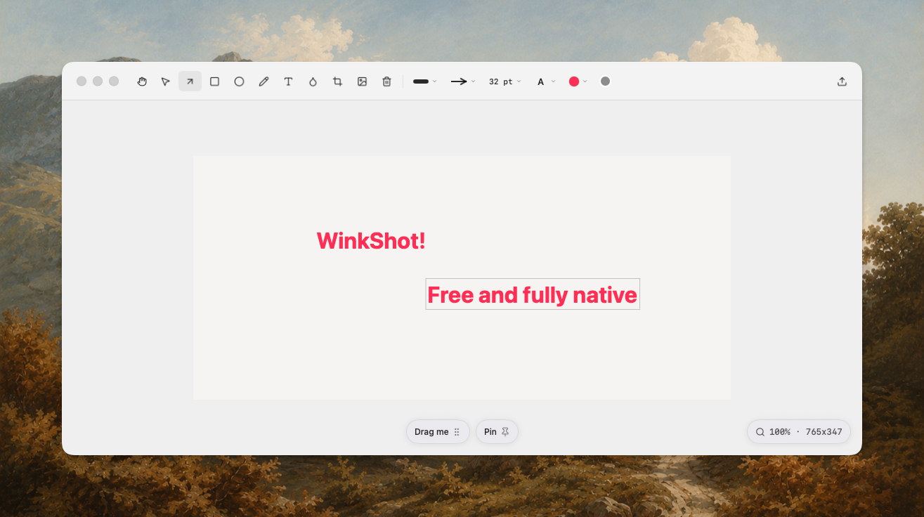 WinkShot Mac screenshot editor with annotation toolbar over a scenic landscape background